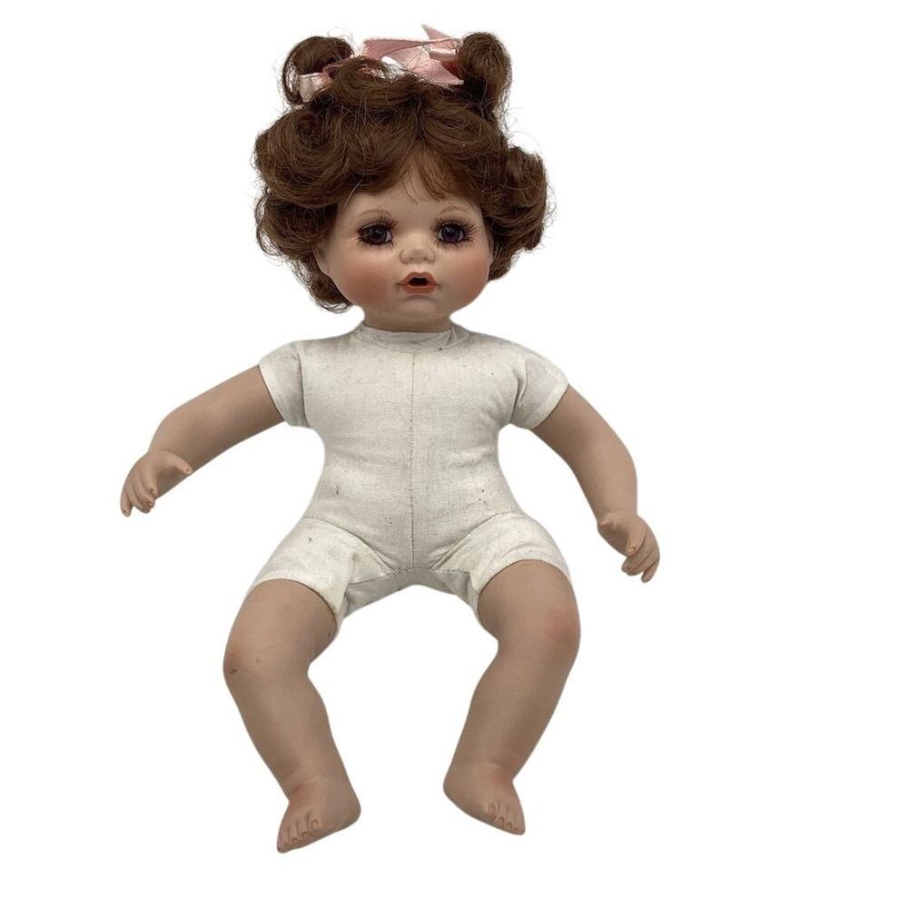 2001 Porcelain Baby Doll 6”Brunette Curls Pink Ribbons
